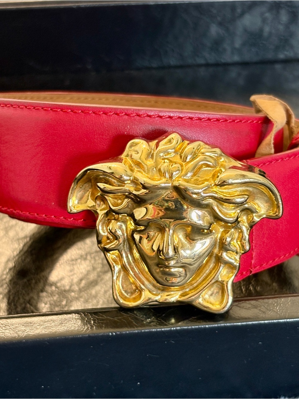 Versace Red Leather Belt with Gold Medusa Buckle